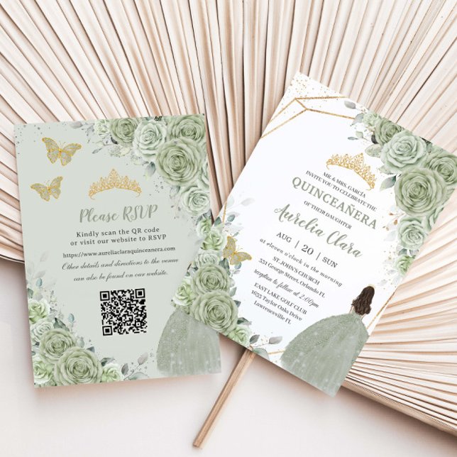 Invitation Robe de princesse florale vert sauge pour Quinceañ (Créateur téléchargé)