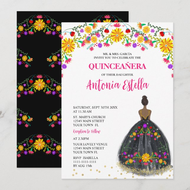 Invitation Robe de princesse pour fête mexicaine de Quinceane (Devant / Derrière)