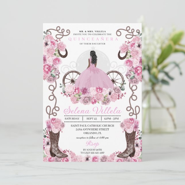 Invitation Robe de princesse rose et bottes Quinceañera (Debout devant)