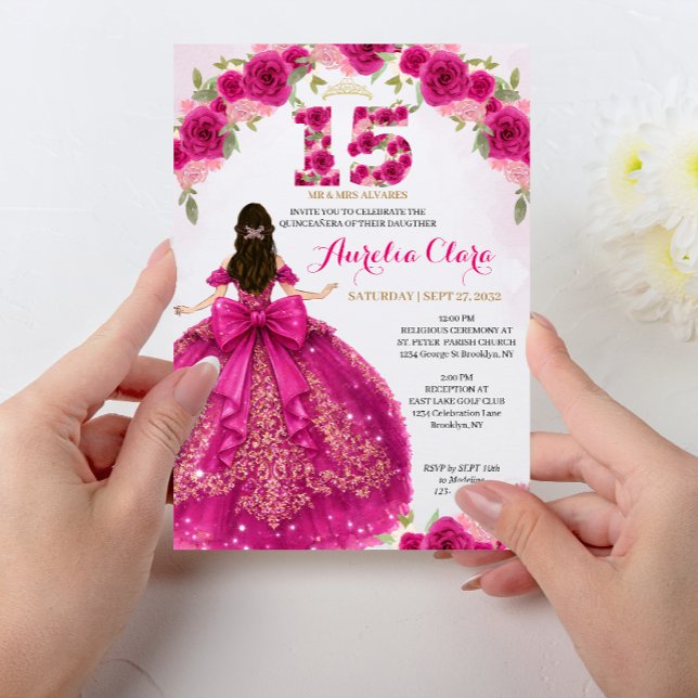 Invitation Robe de princesse rose florale Coquette Quinceaner (Créateur téléchargé)