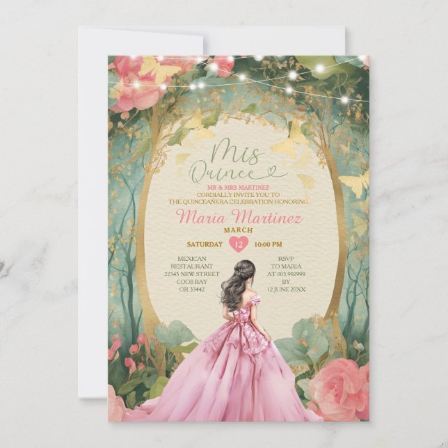 Invitation Robe de princesse rose forêt dorée Mis Quince (Devant)