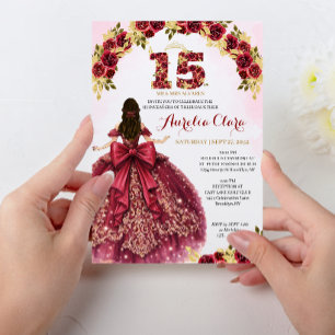 Invitation Robe de princesse rouge florale Coquette Quinceane