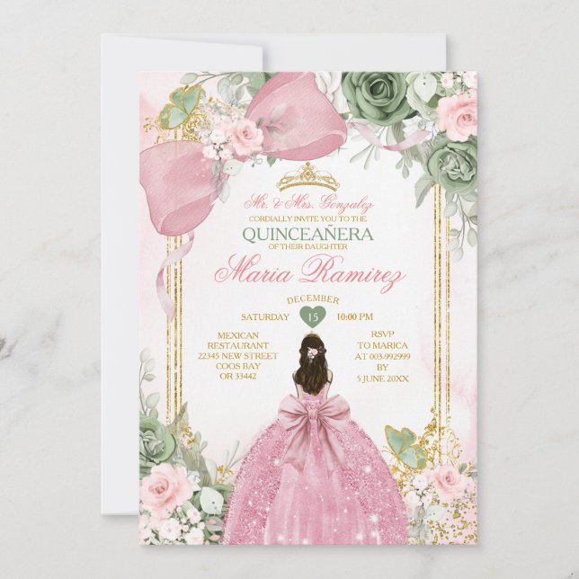 Invitation Robe de princesse verte sage florale rose Quinceañ (Devant)