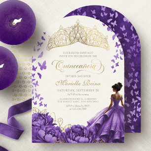 Invitation Robe de Princesse Violette Papillons Quinceanera