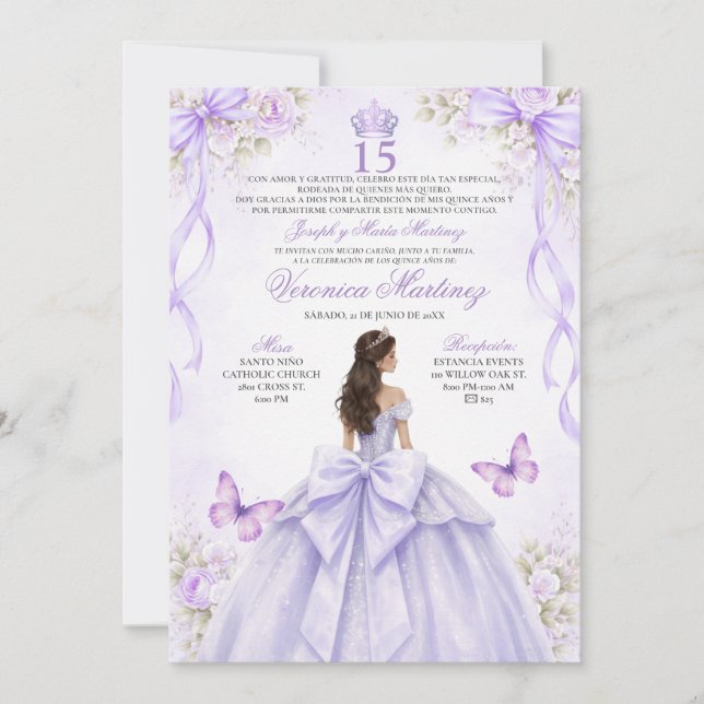 Invitation Robe de princesse violette pour Quinceañera espagn (Devant)