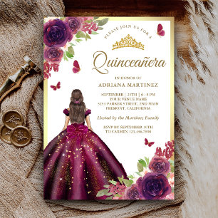 Invitation Robe de prune Papillon floral Quinceanera or