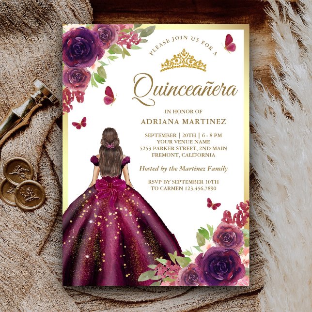 Invitation Robe de prune Papillon floral Quinceanera or (Créateur téléchargé)