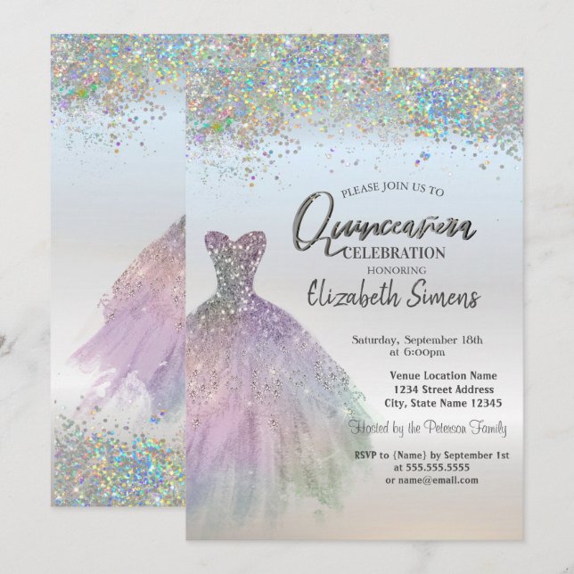 Invitation Robe de Quinceañera à confettis colorés (Devant / Derrière)