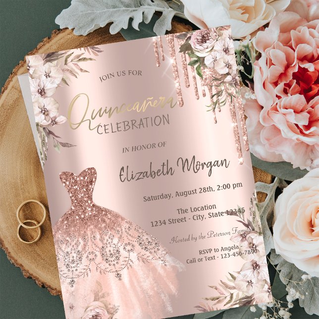 Invitation Robe de Quinceañera à gouttes de paillettes rose d (Créateur téléchargé)