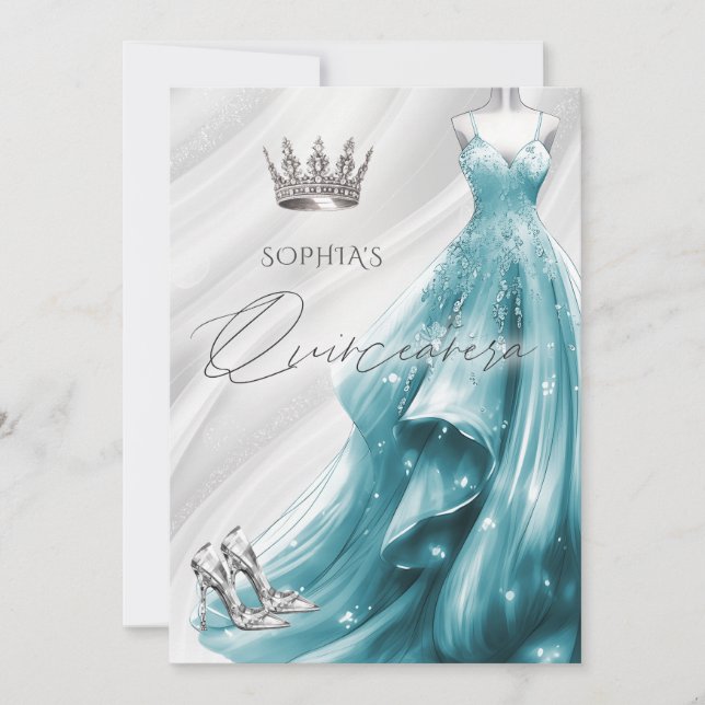 Invitation Robe de Quinceañera à paillettes argent sarcelle (Devant)