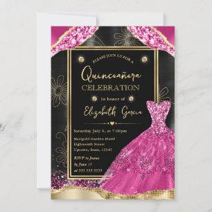Invitation Robe de Quinceanera à paillettes dorées et roses