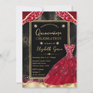Invitation Robe de Quinceanera à paillettes dorées et rouges