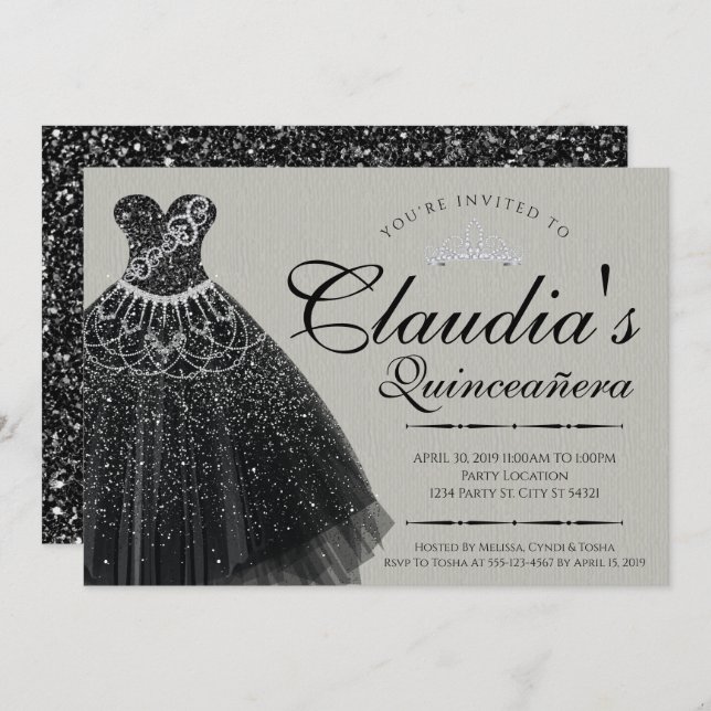 Invitation Robe de Quinceañera à paillettes noires (Devant / Derrière)