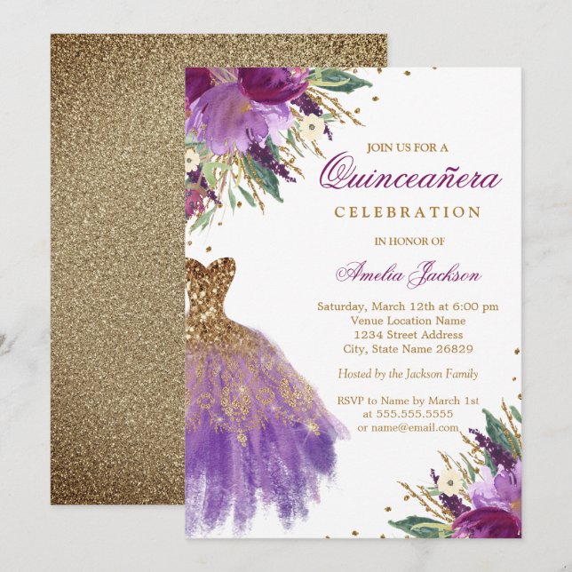 Invitation Robe de Quinceanera Améthyste Paillettes Or Violet (Devant / Derrière)