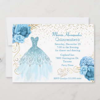 Invitation Robe de Quinceañera aquamarine et or pailletée