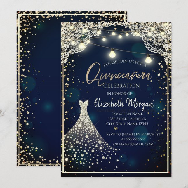 Invitation Robe de Quinceañera bleu foncé en dentelle et diam (Devant / Derrière)