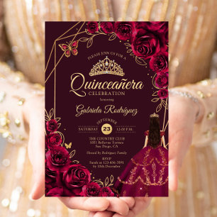 Invitation Robe de Quinceanera Bourgogne Or Floral