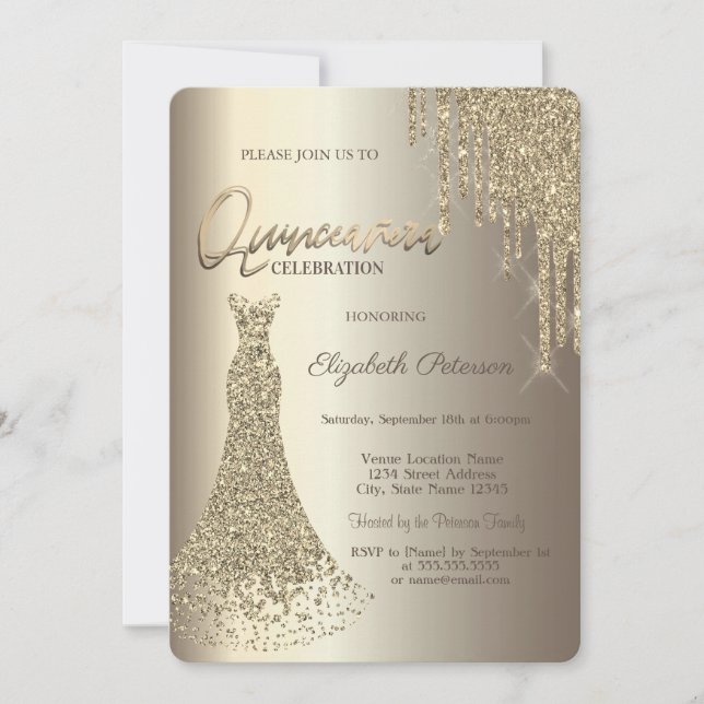 Invitation Robe de Quinceañera Champagne avec Gouttes Brillan (Devant)