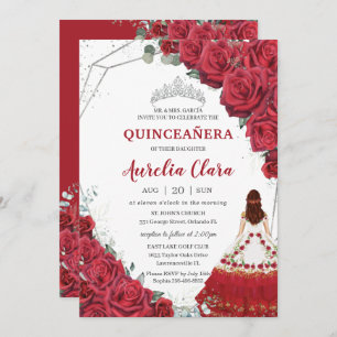 Invitation Robe de Quinceañera Charro Roses Rouges Argent Flo
