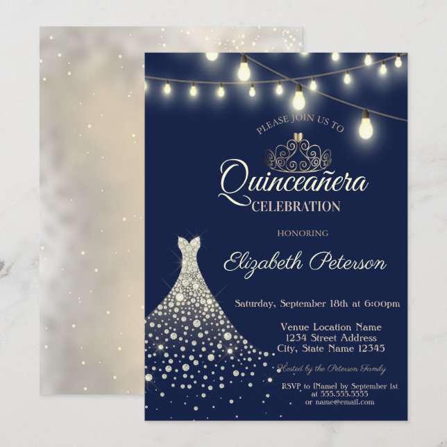 Invitation Robe de Quinceañera Diamants Or (Devant / Derrière)