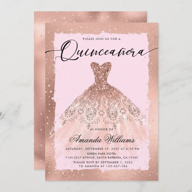 Invitation Robe de Quinceañera en or rose (Devant / Derrière)