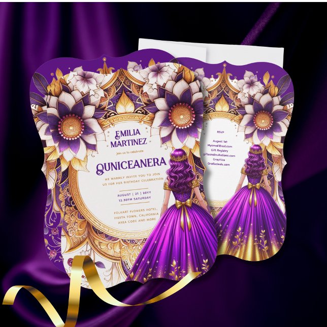 Invitation Robe de Quinceañera en or violet Princesse Sweet16 (Créateur téléchargé)