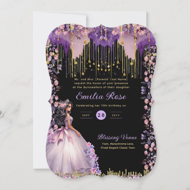 Invitation Robe de Quinceanera en or violet Roses floraux (Devant)
