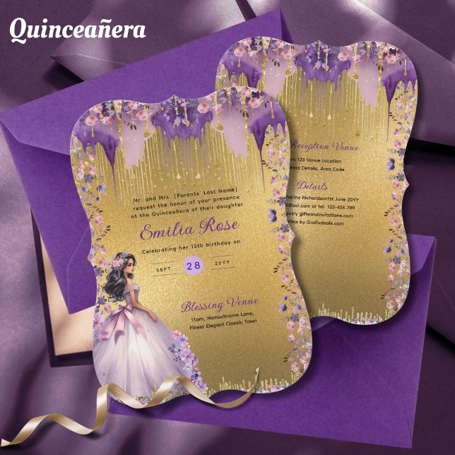 Invitation Robe de Quinceanera en or violet Roses floraux (Créateur téléchargé)