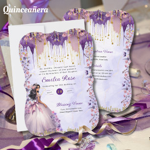 Invitation Robe de Quinceanera en or violet Roses floraux