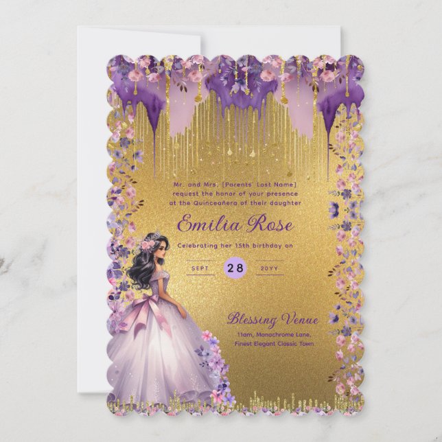 Invitation Robe de Quinceanera en or violet Roses floraux (Devant)