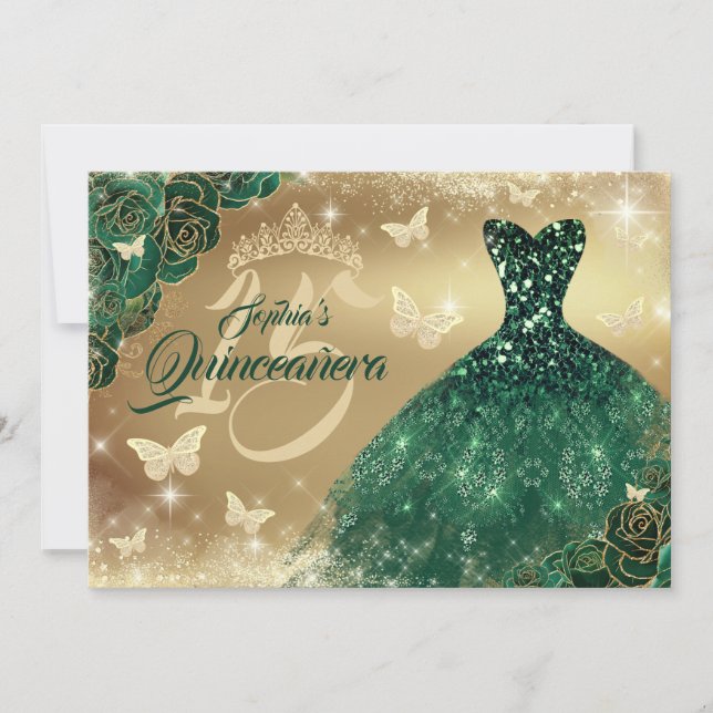 Invitation Robe de Quinceanera fleur étincelle or émeraude  (Devant)