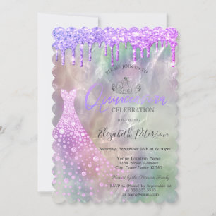 Invitation Robe de Quinceañera holographique à gouttes scinti
