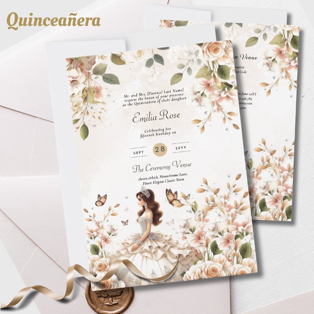 Invitation Robe de Quinceanera ivoire Papillons floraux Éléga (Créateur téléchargé)