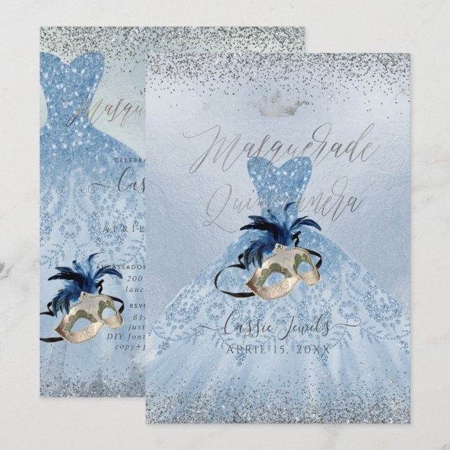 Invitation Robe de Quinceanera Mascarade Bleu Poussiéreux Pix (Devant / Derrière)