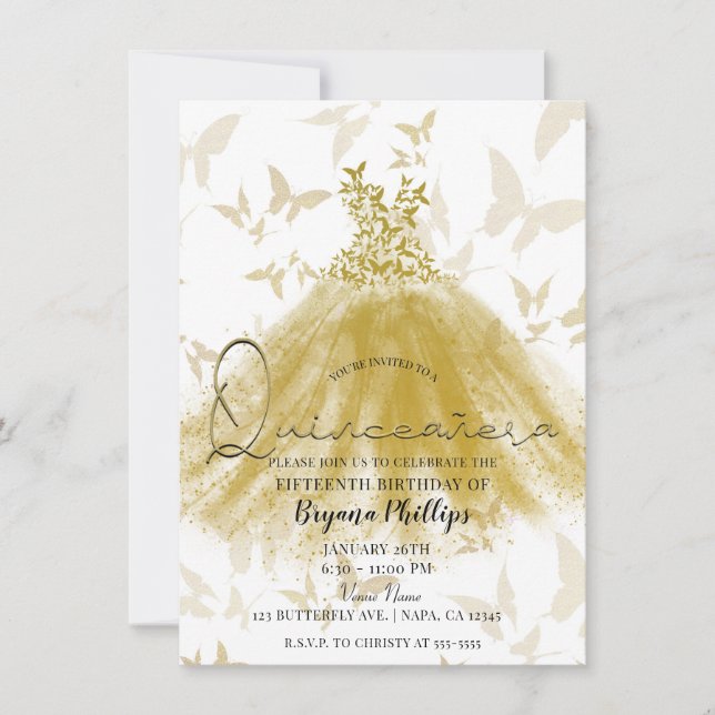 Invitation Robe de Quinceañera Papillon Danse Doré Pailletée (Devant)