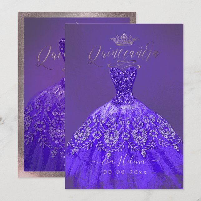 Invitation Robe de Quinceañera, Princesse Pailletée Violet Po (Devant / Derrière)