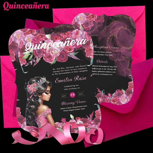 Invitation Robe de Quinceanera rose Magenta Floral (Créateur téléchargé)