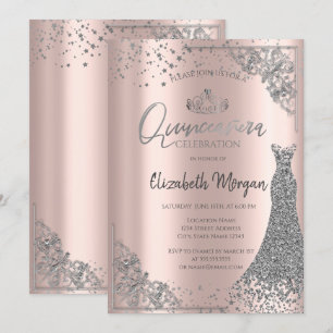 Invitation Robe de Quinceañera Tiara Argenté Étoiles Rose Gol
