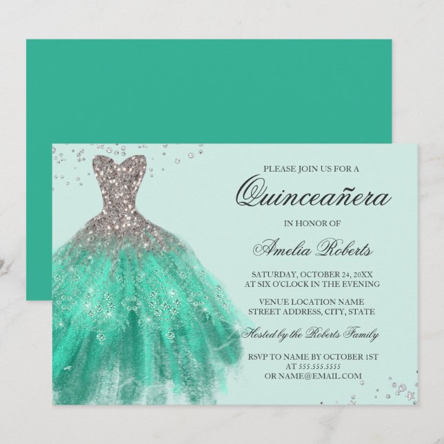 Invitation Robe de Quinceanera Vert Jade à paillettes (Devant / Derrière)