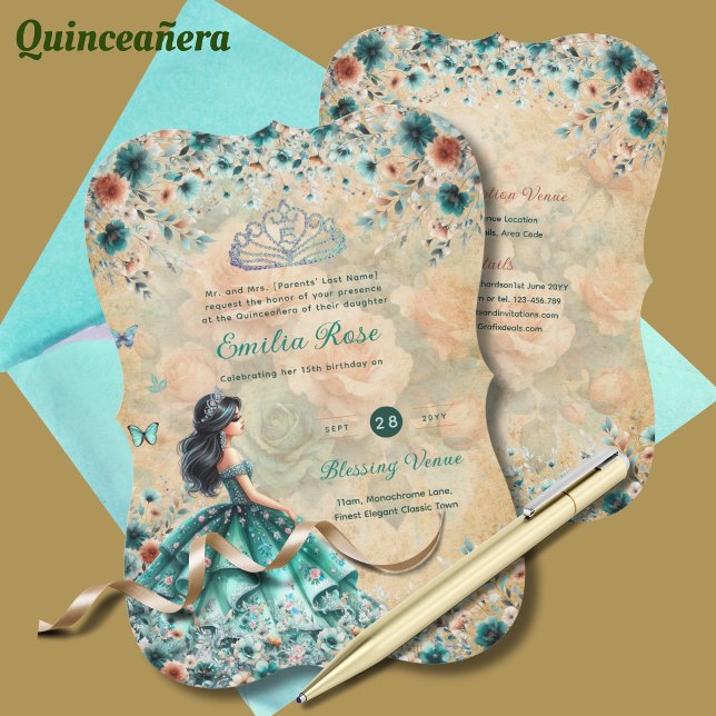 Invitation Robe de Quinceanera Vert Turquoise Papillon Floral (Créateur téléchargé)