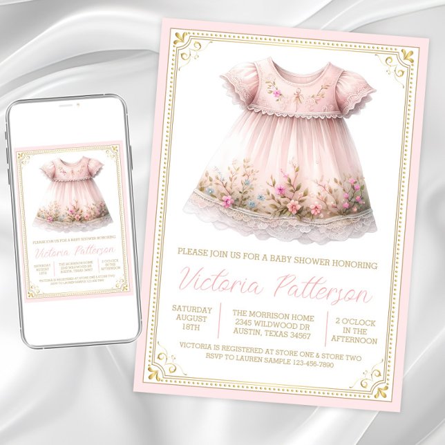 Invitation Robe de sauvageon doré rose Baby Shower (Sweet blush pink gold baby shower invitation. Instant download and printed invitations available.)
