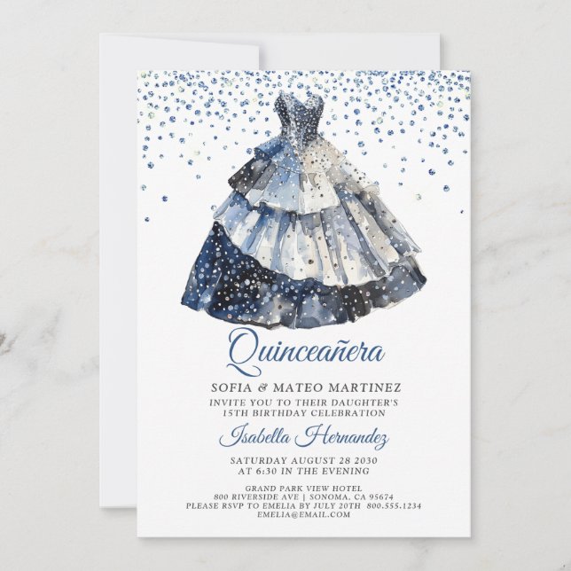 Invitation Robe de soirée Blue Sparkle Sparkle pour Quinceane (Devant)