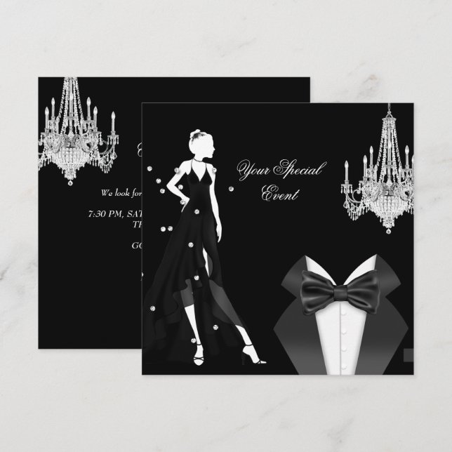 Invitation Robe de soirée élégante Smoking Argent Blanc Noir  (Devant / Derrière)