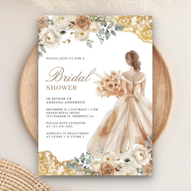 Invitation Robe de soirée en dentelle dorée florale terreuse  (Créateur téléchargé)