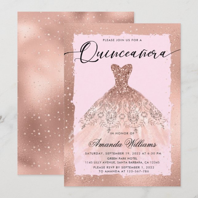 Invitation Robe de soirée en or rose Quinceañera  (Devant / Derrière)