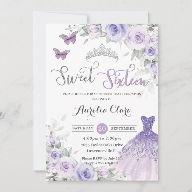 Invitation Robe de soirée florale violette pour 16 ans (Devant)