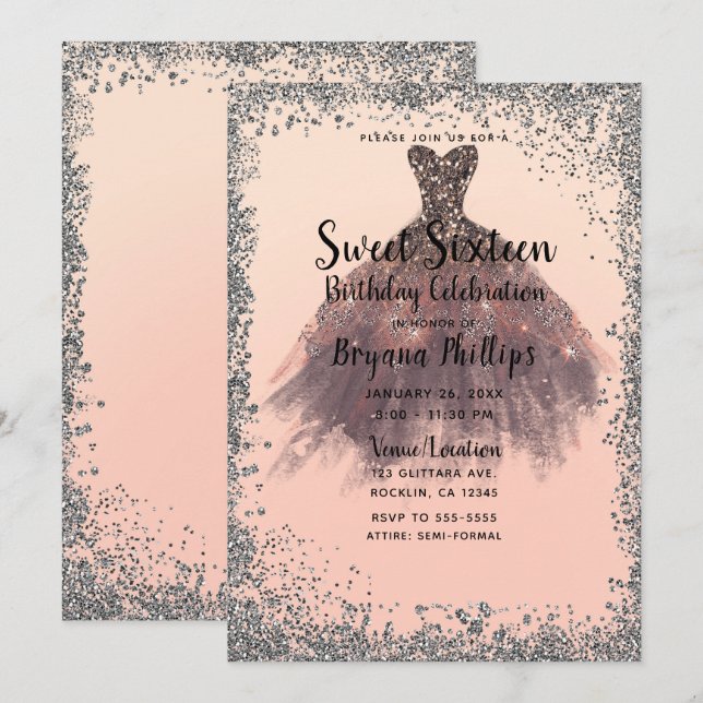 Invitation Robe de soirée pailletée argent et pêche pour une  (Devant / Derrière)