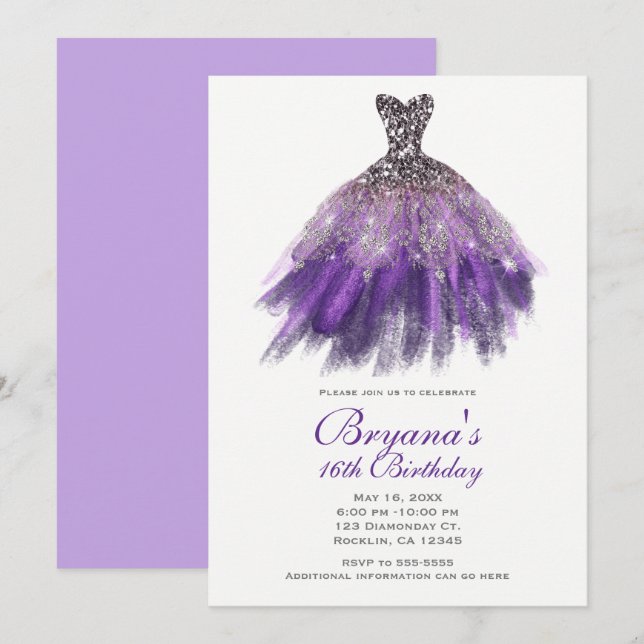 Invitation Robe de soirée pailletée violet et argent pour fêt (Devant / Derrière)