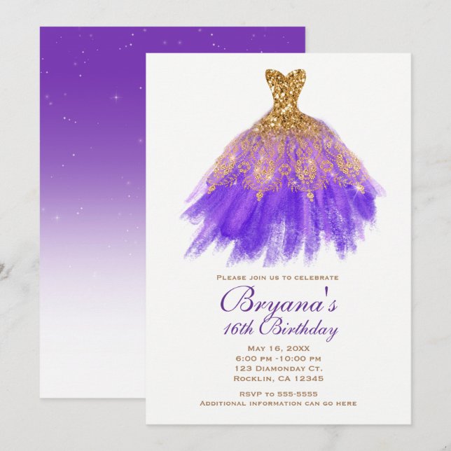 Invitation Robe de soirée pailletée violette et dorée pour fê (Devant / Derrière)