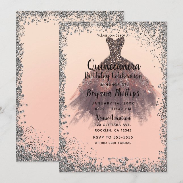 Invitation Robe de soirée Pêche et Paillettes Argentées Quinc (Devant / Derrière)